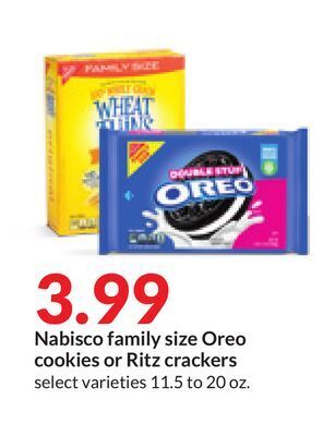 Hy-Vee Nabisco family size oreo cookies or ritz crackers offer