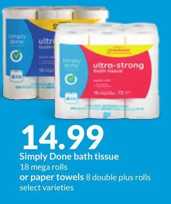 Hy-Vee Simply done bath tissue 18 mega rolls or paper towels 8 double plus rolls offer