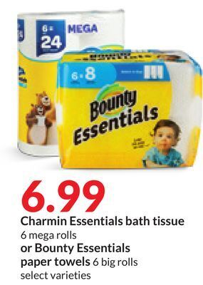 Hy-Vee Charmin essentials bath tissue 6 mega rolls or bounty essentials paper towels 6 big rolls offer