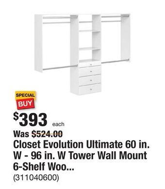 The Home Depot Closet evolution ultimate 60 in. w - 96 in. w tower wall mount 6-shelf wood closet system offer
