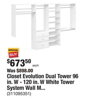 The Home Depot Closet evolution dual tower 96 in. w - 120 in. w white tower system wall mount 14-shelf wood closet system offer