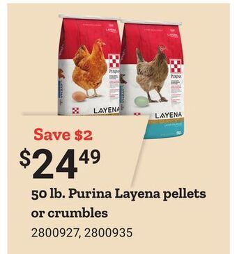 Tractor Supply Company 50 lb. purina layena pellets or crumbles offer