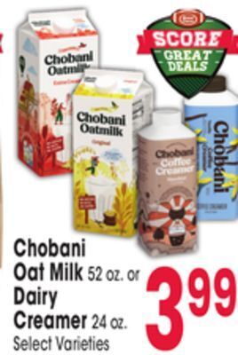 Jewel-Osco Chobani oat milk 52 oz. or dairy creamer 24 oz offer