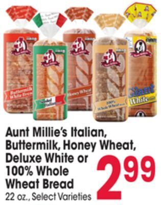 Jewel-Osco Aunt millie's italian, buttermilk, honey wheat, deluxe white or 100% whole wheat bread offer