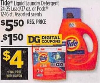 Dollar General Tide Liquid Laundry Detergent 24-25 Load/37 oz. or Pods 12-16 ct. offer