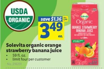 Lidl Solevita organic orange strawberry banana juice offer
