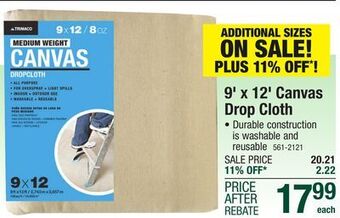 Menards Trimaco 9' x 12' medium weight canvas drop cloth offer