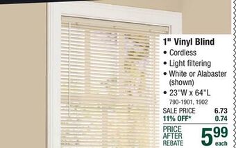 Menards Lumino 1 white light filtering cordless vinyl blind - 23w x 64l offer