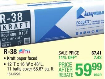 Menards R-38 ecobatt kraft faced fiberglass insulation batt 12 x 16 x 48 offer