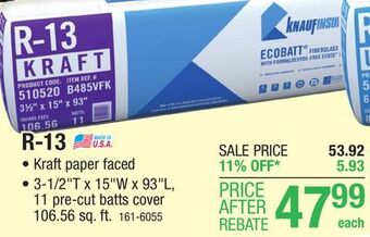 Menards R-13 ecobatt kraft faced fiberglass insulation batt 3-1/2 x 15 x 93 offer