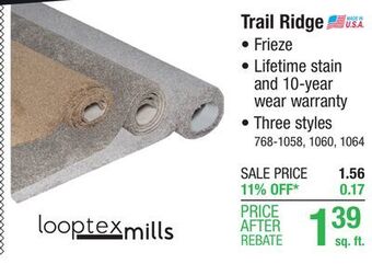 Menards Looptex mills trail ridge cool beige frieze carpet 12 ft. wide offer
