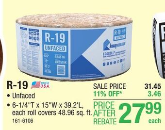 Menards R-19 ecoroll unfaced fiberglass insulation roll 6-1/4 x 15 x 39.2' offer