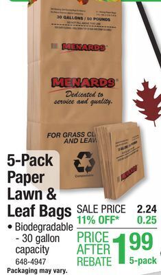 Menards 30 gallon paper lawn and leaf bags - 5 count offer