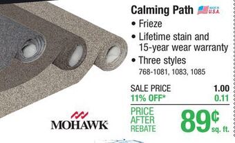 Menards Mohawk calming path sea shell tan frieze carpet 12 ft. wide offer