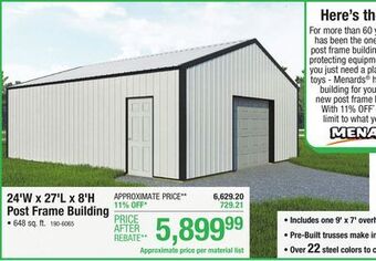 Menards 24'w x 27'l x 8'h post frame building material list offer