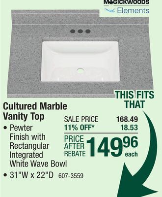 Menards Magickwoods elements 31w x 22d pewter cultured marble vanity top with rectangular integrated wave bowl offer