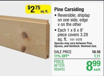 Menards 1 x 6 x 8' unfinished tongue & groove carsiding offer