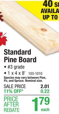 Menards 1 x 4 x 8' standard pine board offer