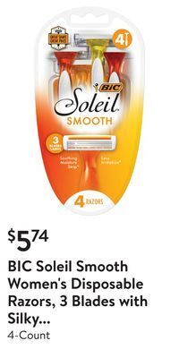 Walmart Bic soleil smooth women's disposable razors, 3 blades with silky moisture strip offer
