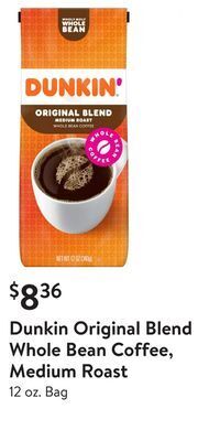 Walmart Dunkin original blend whole bean coffee, medium roast offer