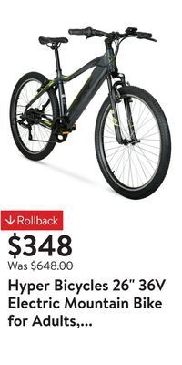 Walmart Hyper bicycles 26 36v electric mountain bike for adults, pedal-assist, 250w e-bike motor, black offer