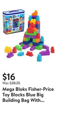 Walmart Mega bloks fisher-price toy blocks blue big building bag with storage (80 pieces) for toddler offer