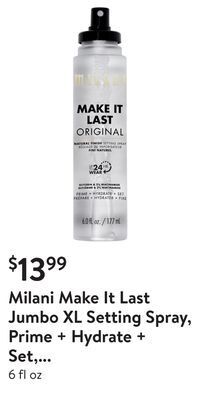 Walmart Milani make it last jumbo xl setting spray, prime + hydrate + set, natural finish offer