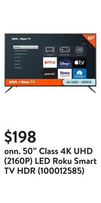 Walmart Onn. 50 class 4k uhd (2160p) led roku smart tv hdr (100012585) offer