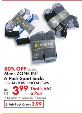 Boscov's Mens zone in 6-pack sport socks offer