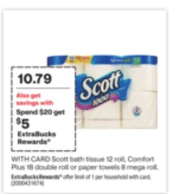 CVS Scott bath tissue 12 roll, comfort plus 18 double roll or paper towels 8 mega roll offer