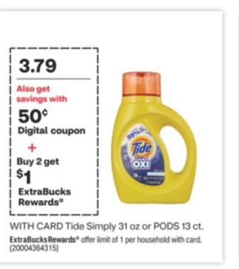 CVS Tide simply 31 oz or pods 13 ct offer