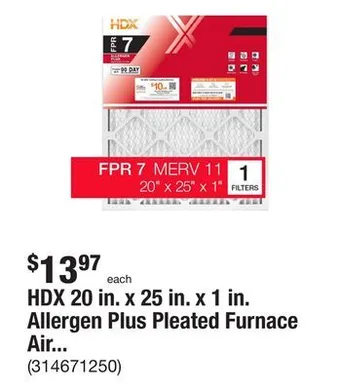 The Home Depot Hdx 20 in. x 25 in. x 1 in. allergen plus pleated furnace air filter fpr 7, merv 11 offer