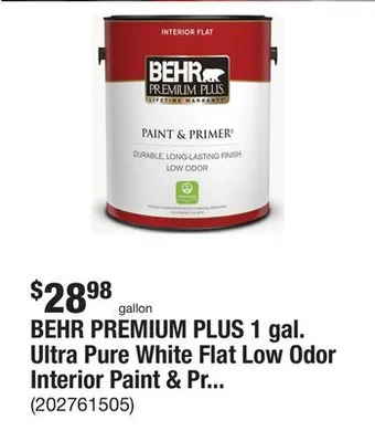 The Home Depot Behr premium plus 1 gal. ultra pure white flat low odor interior paint & primer offer