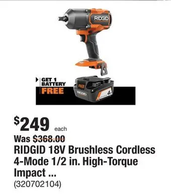 The Home Depot Ridgid 18v brushless cordless 4-mode 1/2 in. high-torque impact wrench with 4.0 ah lithium-ion battery offer