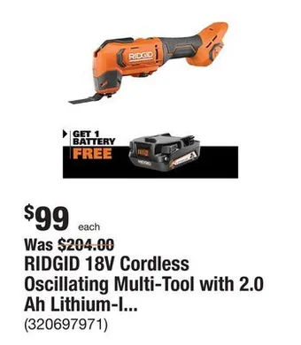 The Home Depot Ridgid 18v cordless oscillating multi-tool with 2.0 ah lithium-ion battery offer