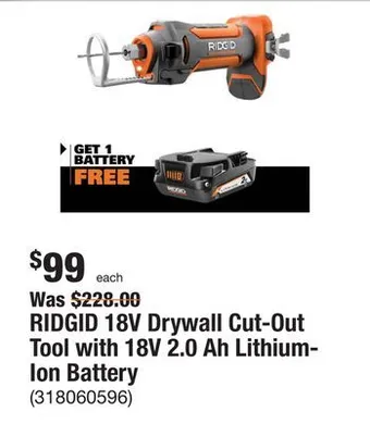 The Home Depot Ridgid 18v drywall cut-out tool with 18v 2.0 ah lithium-ion battery offer