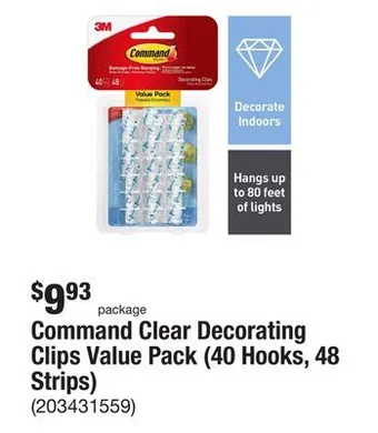 The Home Depot Command clear decorating clips value pack (40 hooks, 48 strips) offer