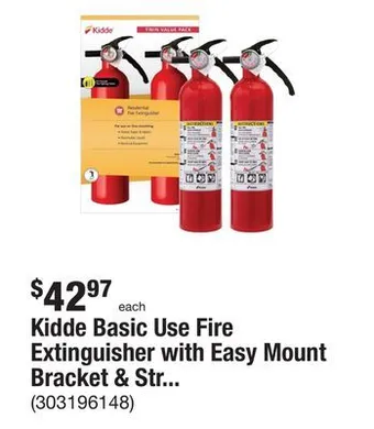 The Home Depot Kidde basic use fire extinguisher with easy mount bracket & strap, 1-a:10-b:c, dry chemical, one-time use, 2-pack offer