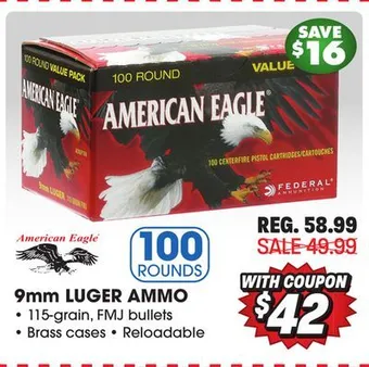 Big 5 Federal american eagle 9mm luger 100-round value pack offer