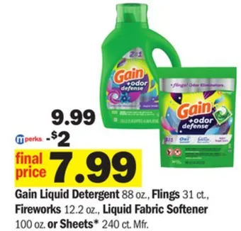 Meijer Gain liquid detergent 88 oz., flings 31 ct., fireworks 12.2 oz., liquid fabric softener 100 oz. or sheets* 240 ct offer