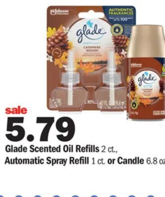 Meijer Glade scented oil refills 2 ct., automatic spray refill 1 ct. or candle 6.8 oz offer