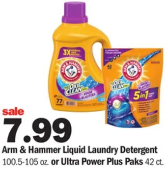 Meijer Arm & hammer liquid laundry detergent 100.5-105 oz. or ultra power plus paks 42 ct offer