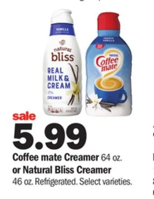 Meijer Coffee mate creamer 64 oz. or natural bliss creamer 46 oz offer