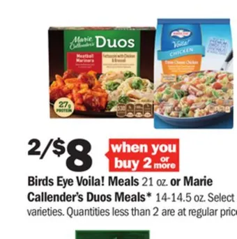 Meijer Birds eye voila! meals 21 oz. or marie callender's duos meals* 14-14.5 oz offer