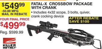 Dunham's Sports Killer instinct fatal-x crossbow package with crank offer