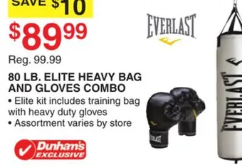 Dunham's Sports Everlast 80 lb. elite heavy bag and gloves offer