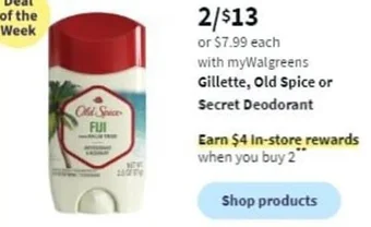 Walgreens Gillette, Old Spice or Secret Deodorant offer
