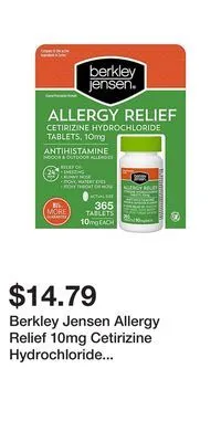BJ’s Berkley jensen allergy relief 10mg cetirizine hydrochloride tablets, 365 ct offer