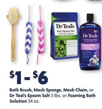 Bath brush, mesh sponge, mesh chain, or dr teal's epsom salt 3 lbs. or foaming bath solution 34 oz