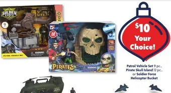 Family Dollar Patrol vehicle set 9 pc., pirate skull island 12 pc., or soldier force helicopter bucket offer